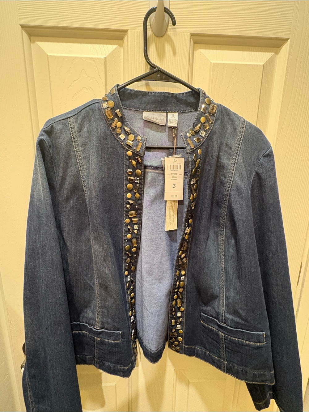 NWT Chico's Platinum Dark Blue Embellished Denim Jacket